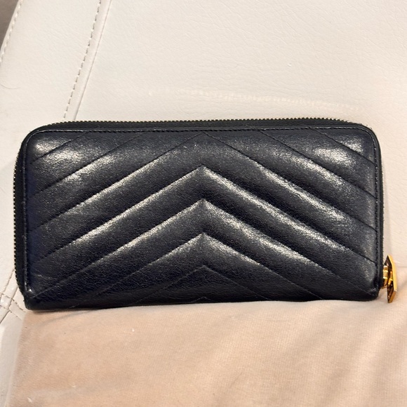 Saint Laurent YSL Chevron Quilted Black Grain de Poudre Leather Long Zip Wallet - Picture 7 of 14